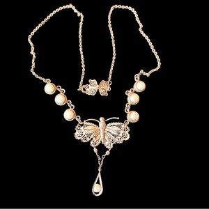 Vintage 925 Filagree Butterfly Pearl Necklace
